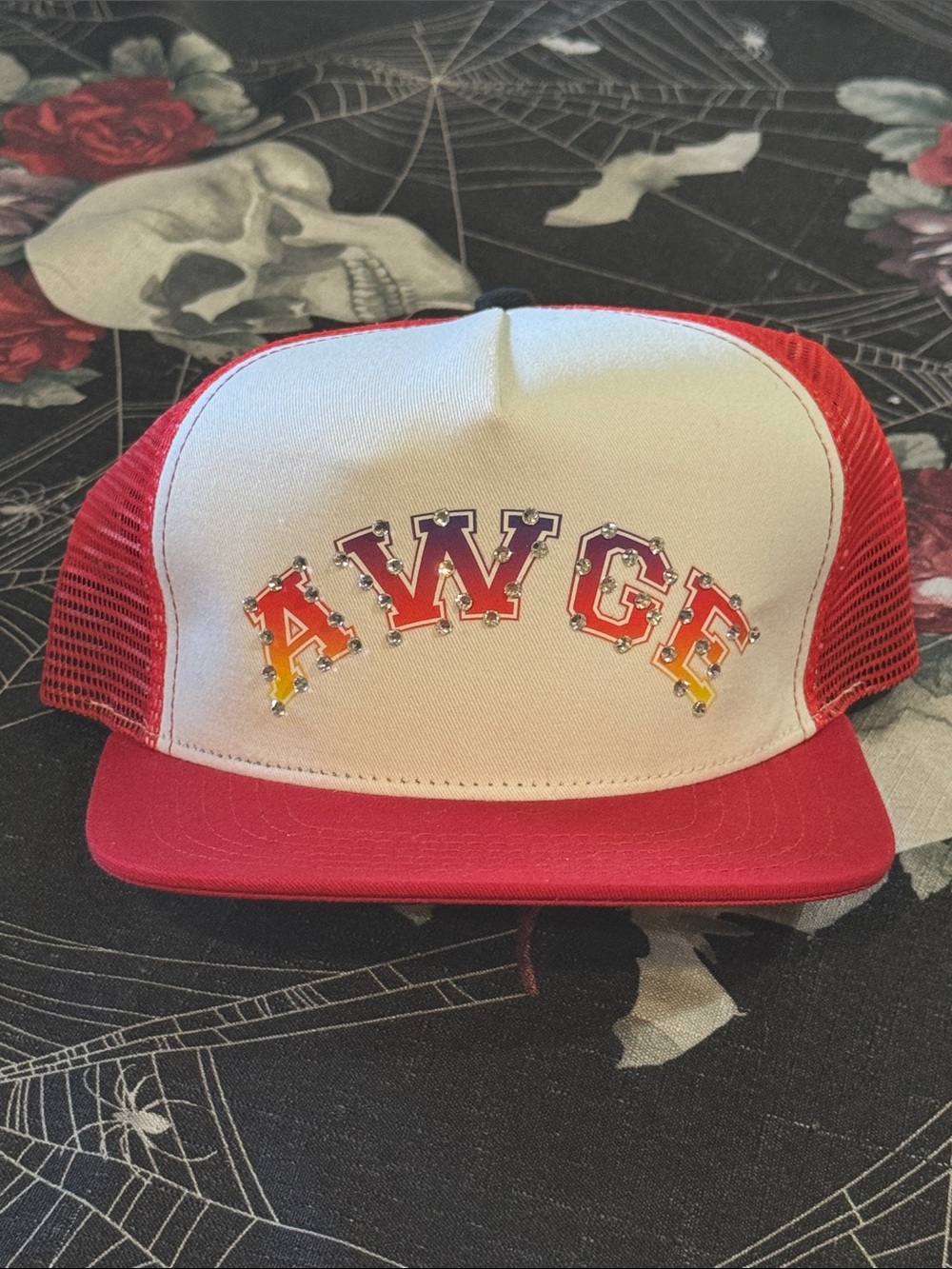 NEW ASAP ROCKY AWGE RED/WHITE RHINESTONE TRUCKERS SNAPBACK HAT OS RARE